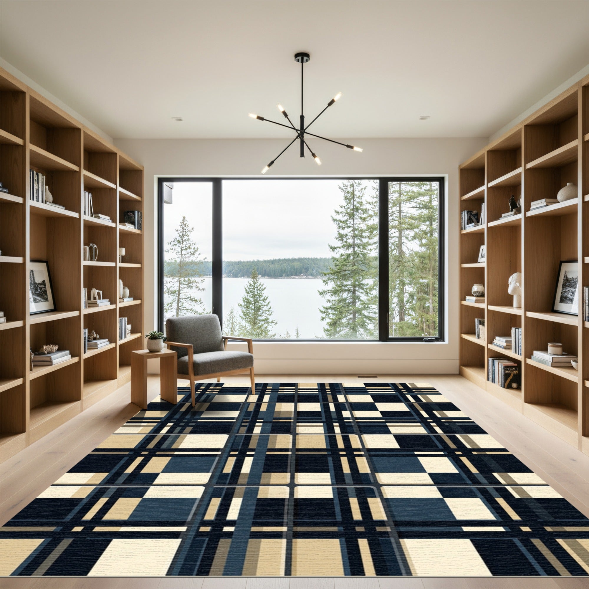 Navy Beige Plaid Windowpane Rug
