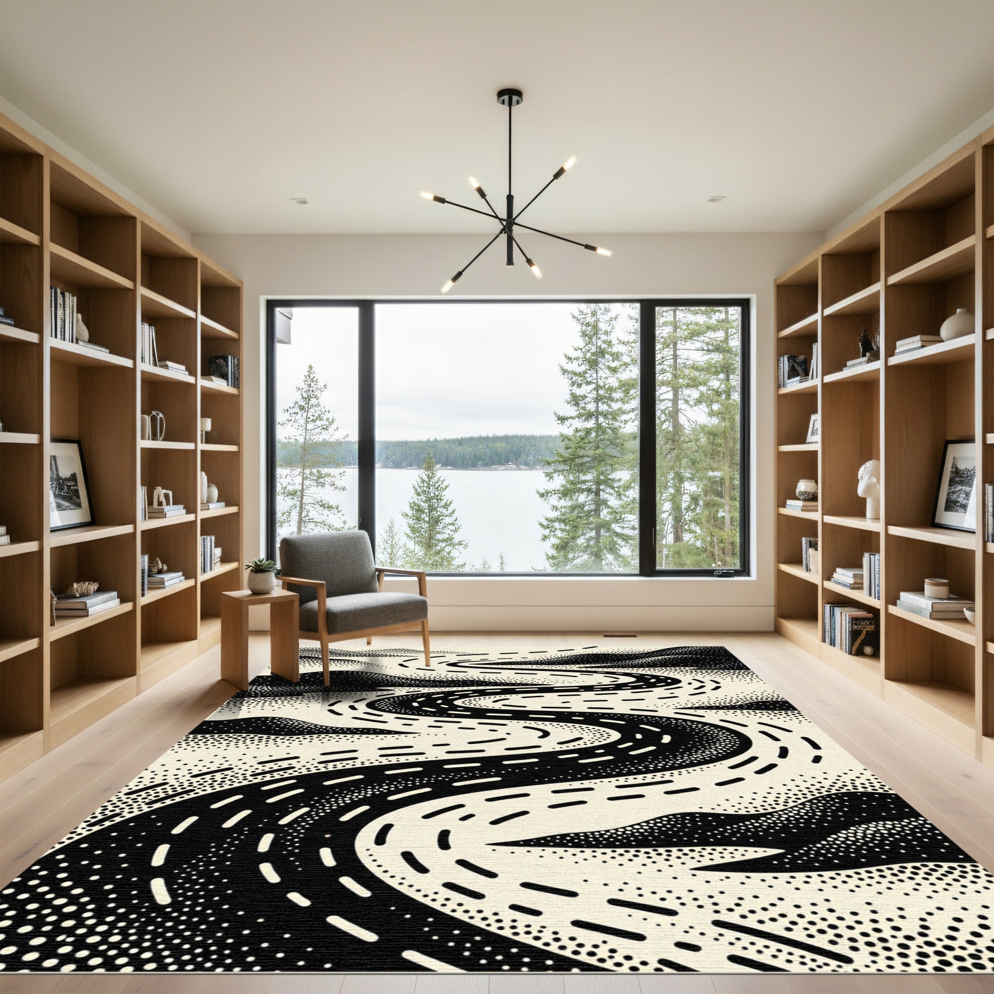 Winding Road Black Cream Abstract Rug