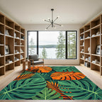 Vibrant Orange and Green Tropical Monstera Leaves Rug
