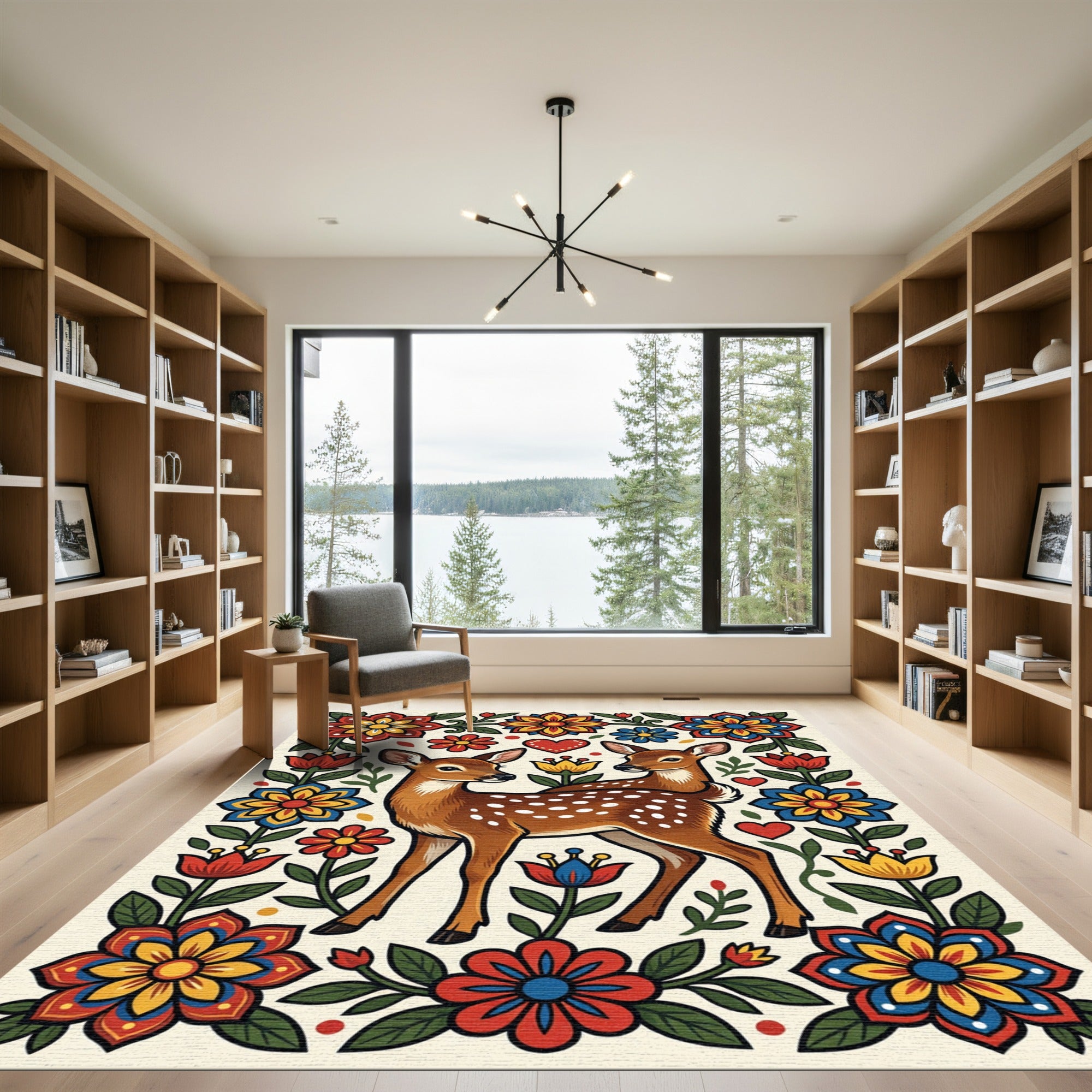 Folk Art Fawn and Floral Meadow Rug