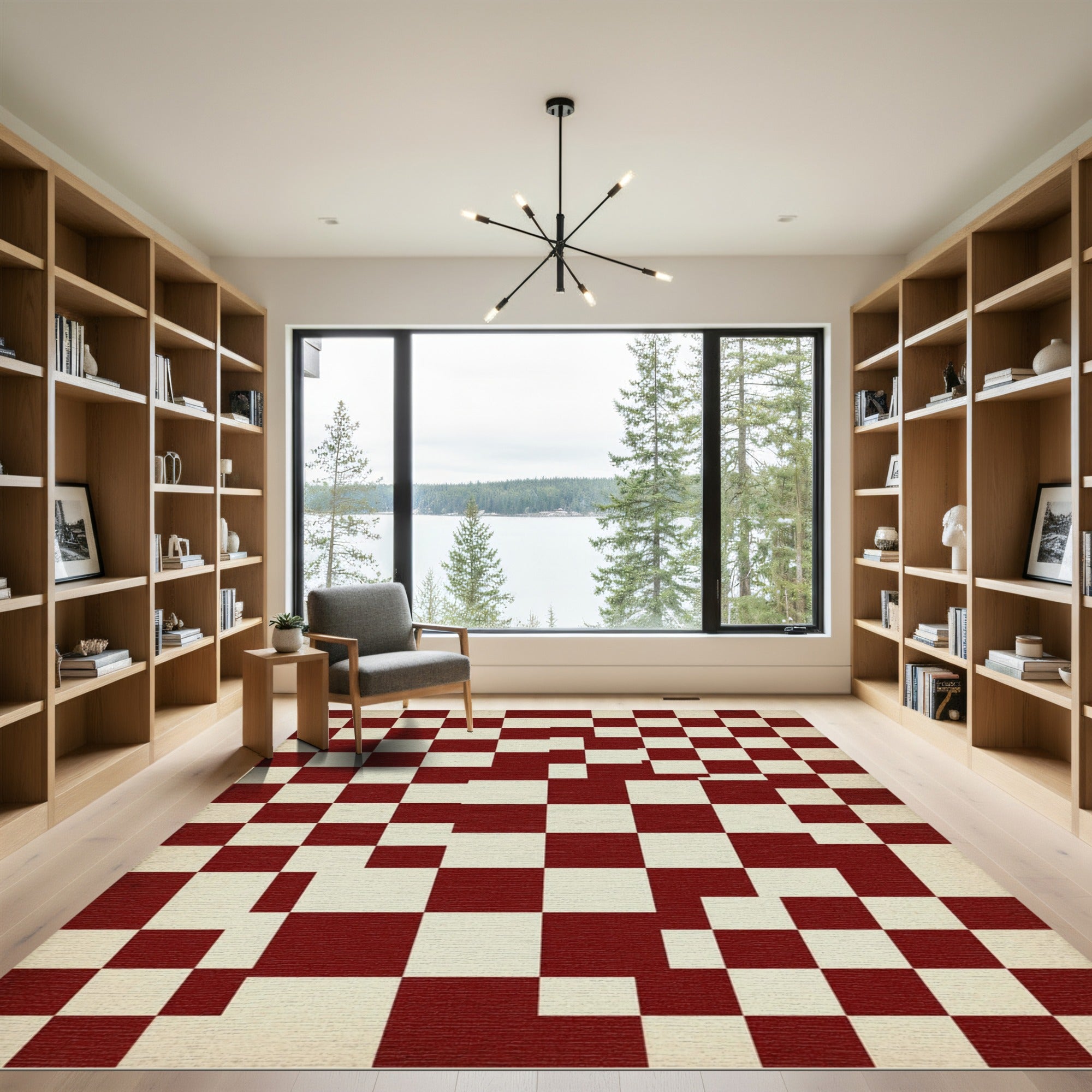 Vintage Crimson Checkerboard Squares Rug
