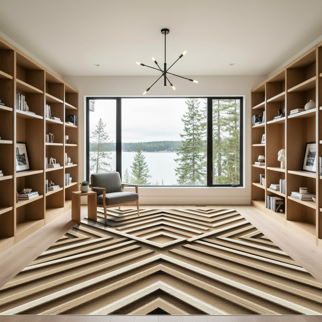 Neutral Wood Grain Chevron Geometric Rug