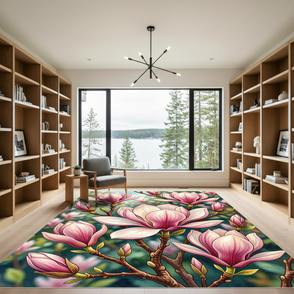 Blushing Magnolia Botanical Bloom Art Rug