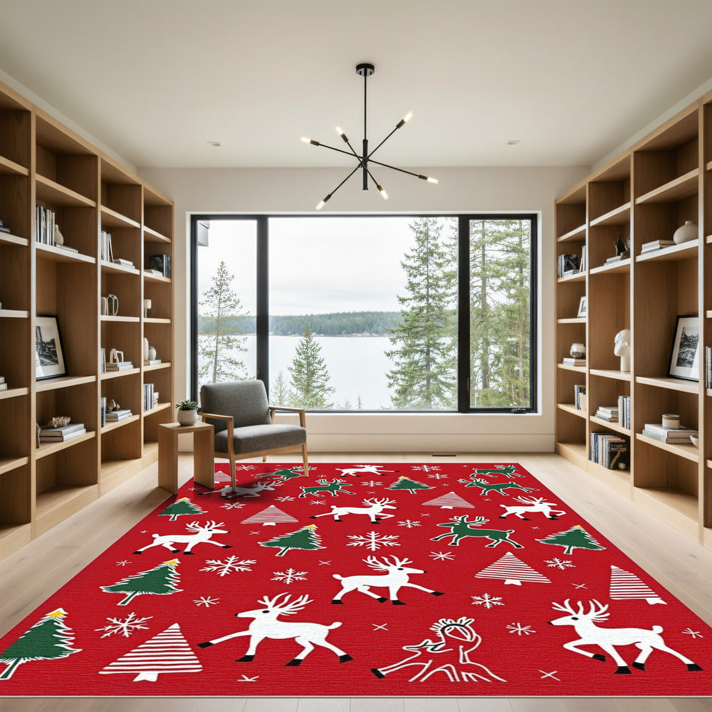 Red Christmas Reindeer Tree Snowflakes Rug