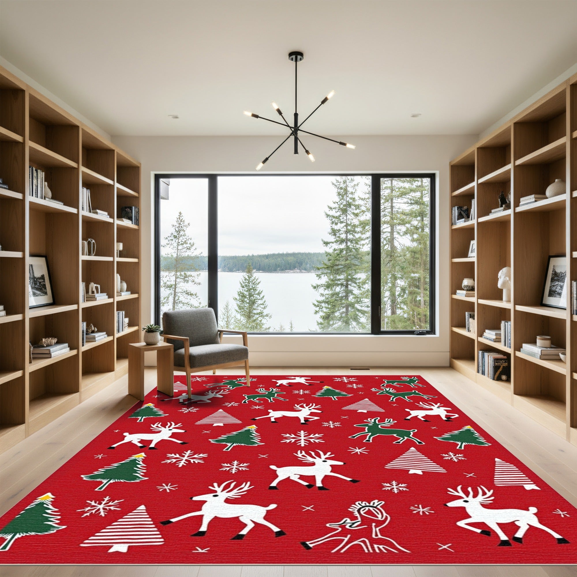Red Christmas Reindeer Tree Snowflakes Rug