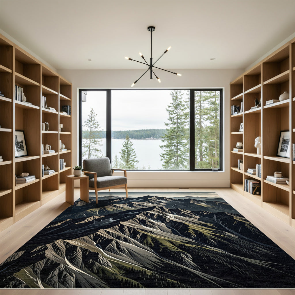 Jagged Mountain Peaks Over Gray Landscape Rug