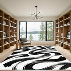 Minimalist Monochrome Black Swirling Ink Strokes Rug