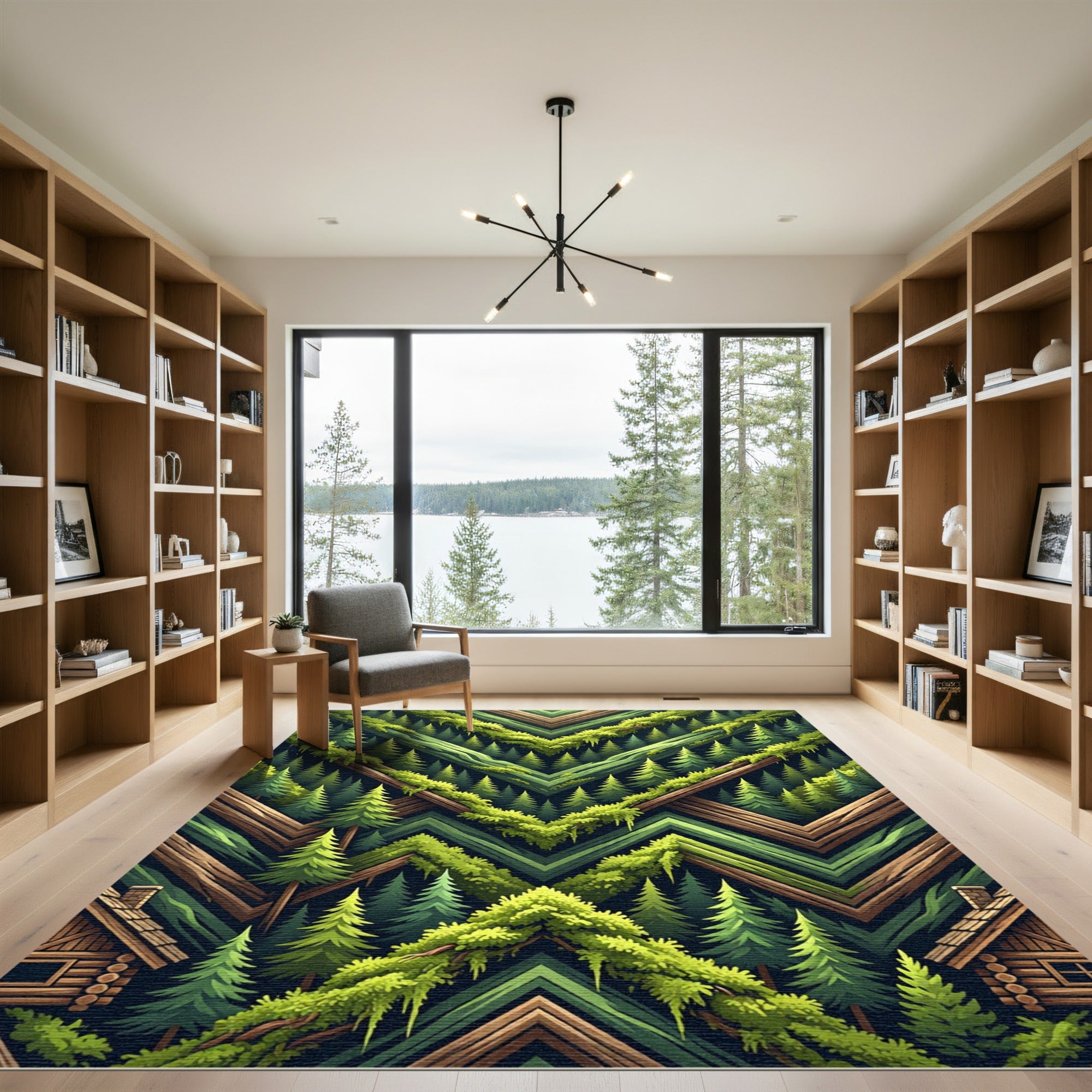 Deep Forest Woodland Geometric Chevron Rug
