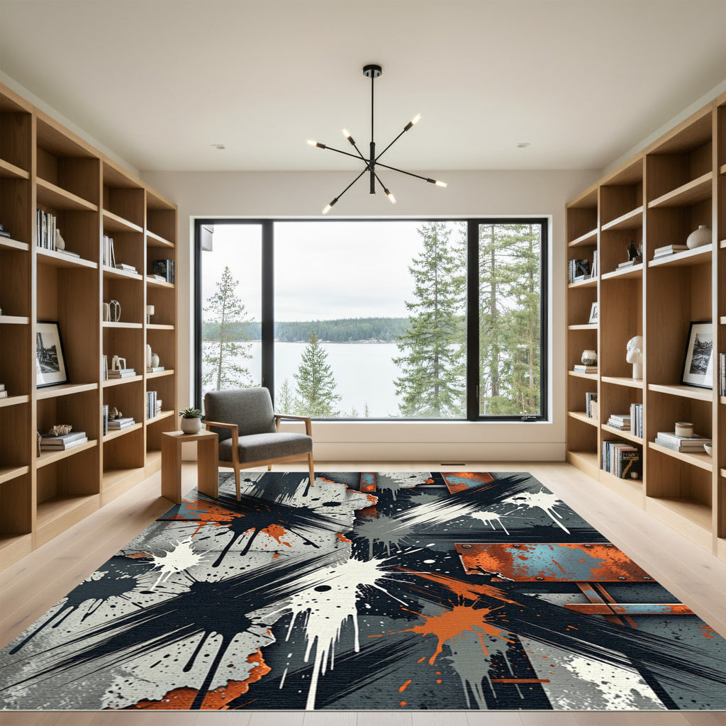 Modern Industrial Black Orange Splatter Art Rug