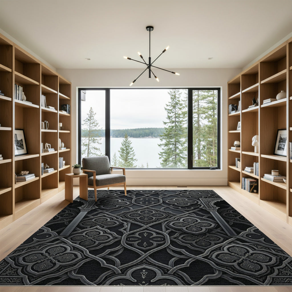 Dark Gray Ornamental Arabesque Medallion Rug