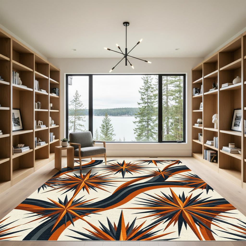 Retro Orange and Charcoal Starry Wave Rug
