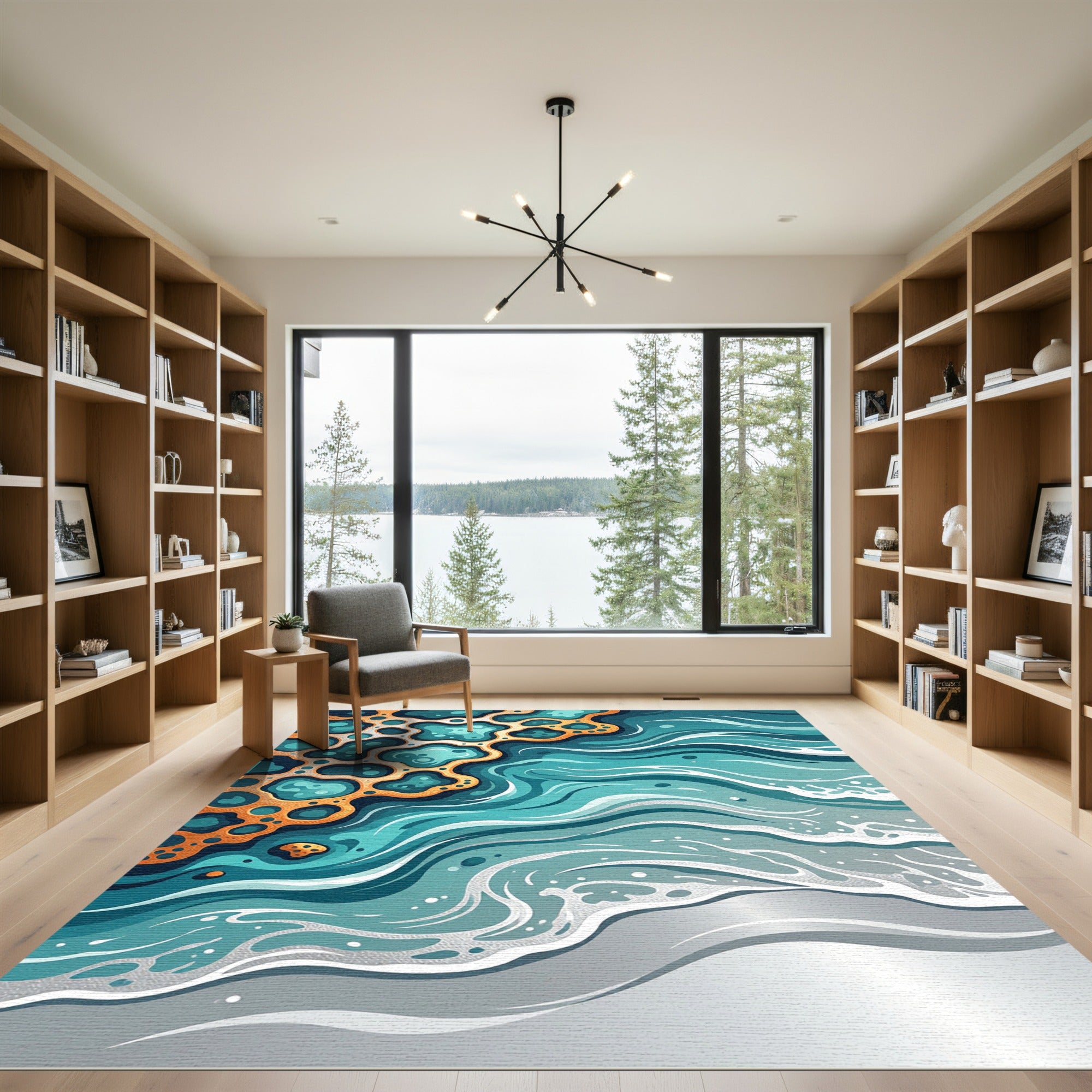 Abstract Teal Wave and Ochre Coral Rug