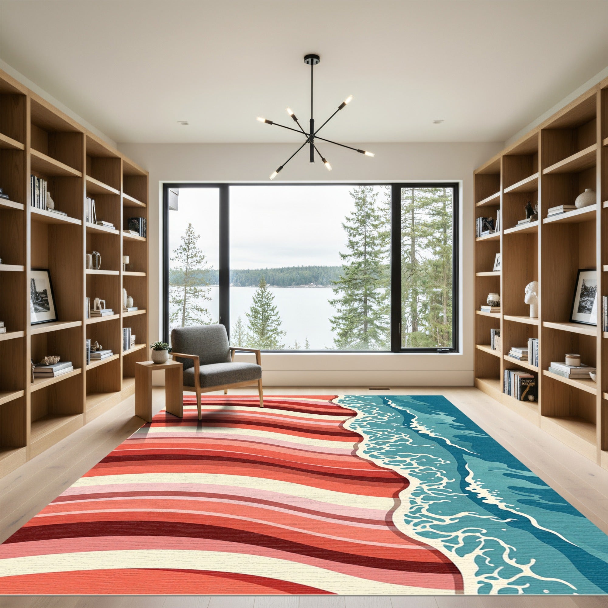 Coral Orange Striped Ocean Wave Rug