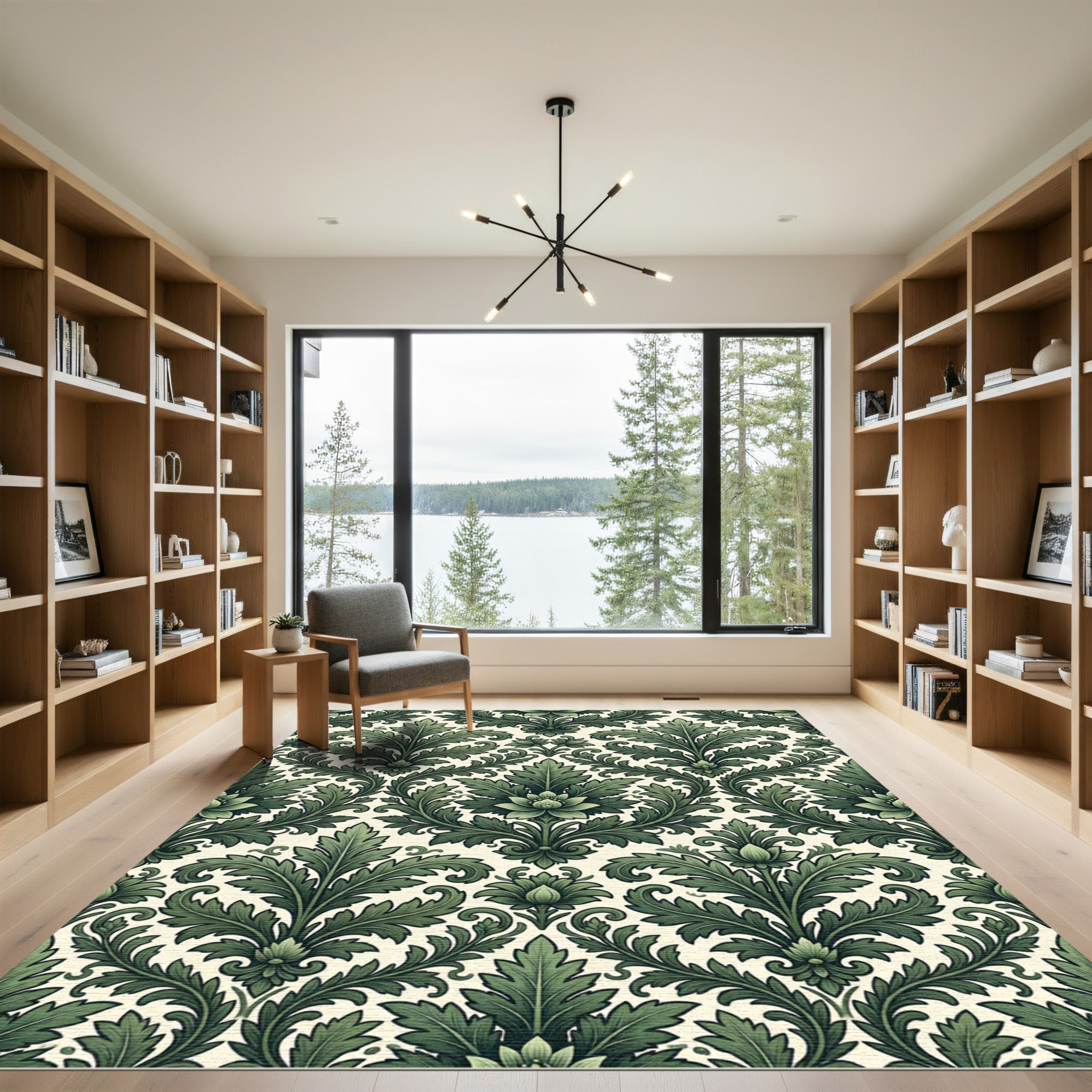 Elegant Dark Green Foliage Damask i Rug