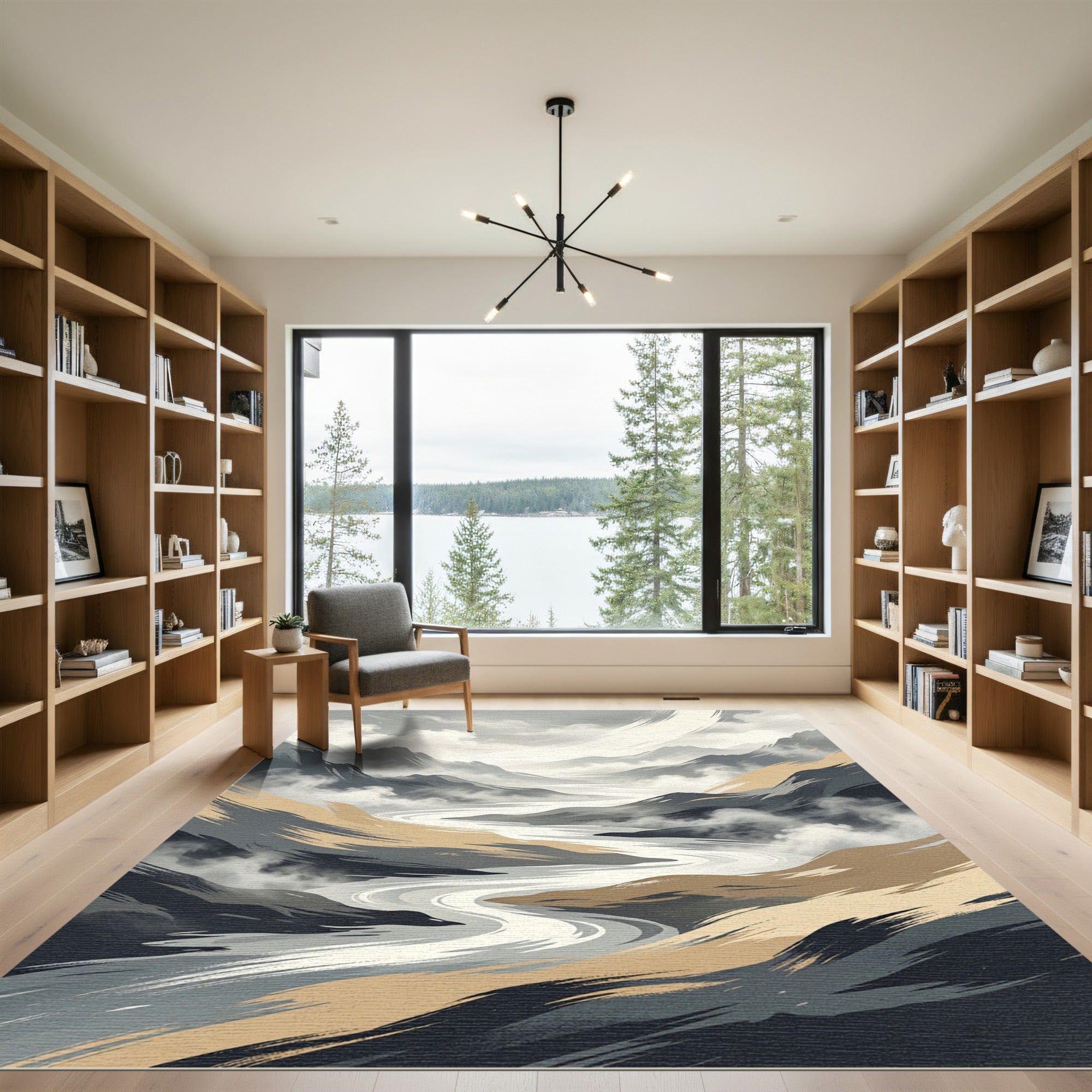 Abstract Gray and Golden Mountain Landscape Rug