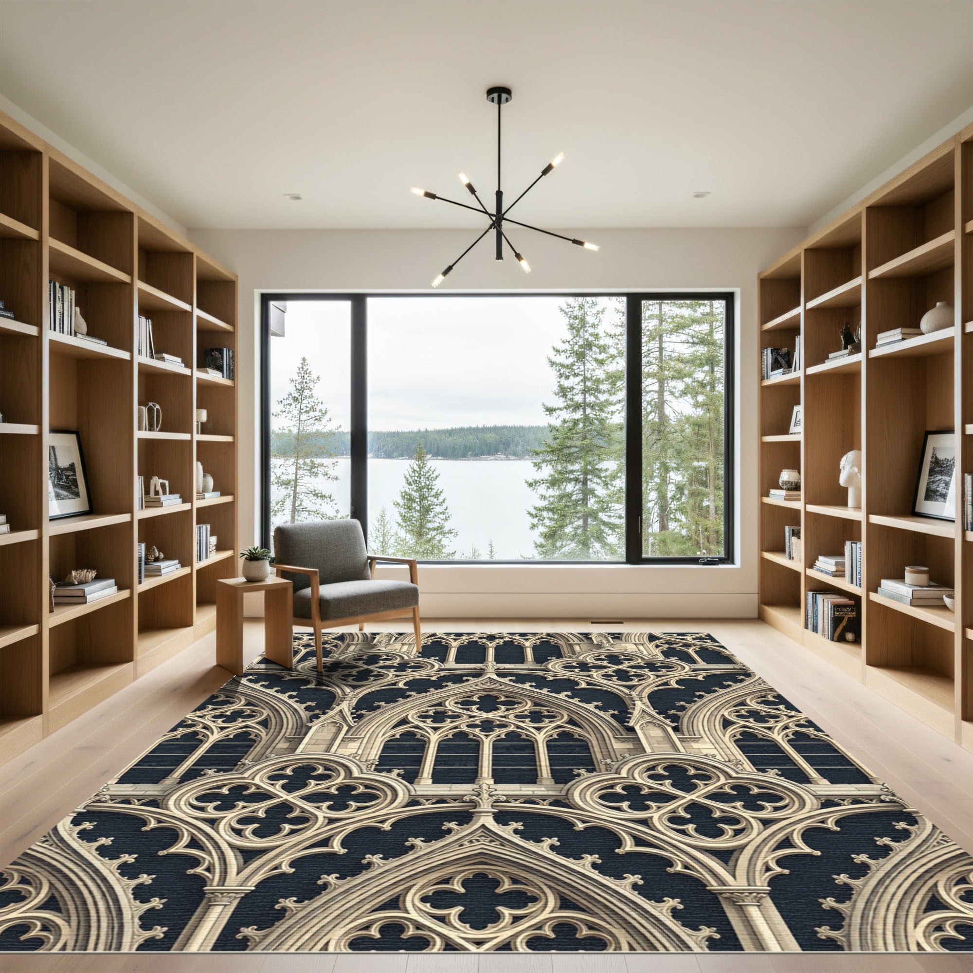 Ornate Gothic Arches Cream Blue Rug