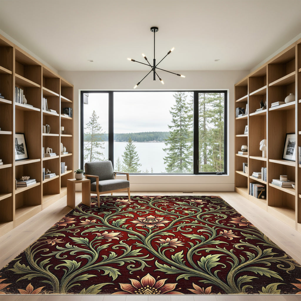 Elegant Crimson Floral Acanthus Scroll Rug