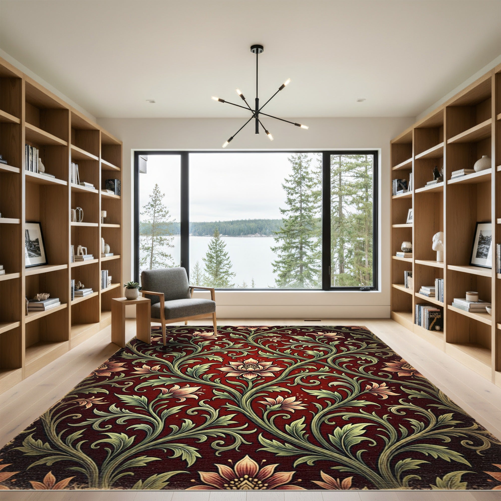 Elegant Crimson Floral Acanthus Scroll Rug