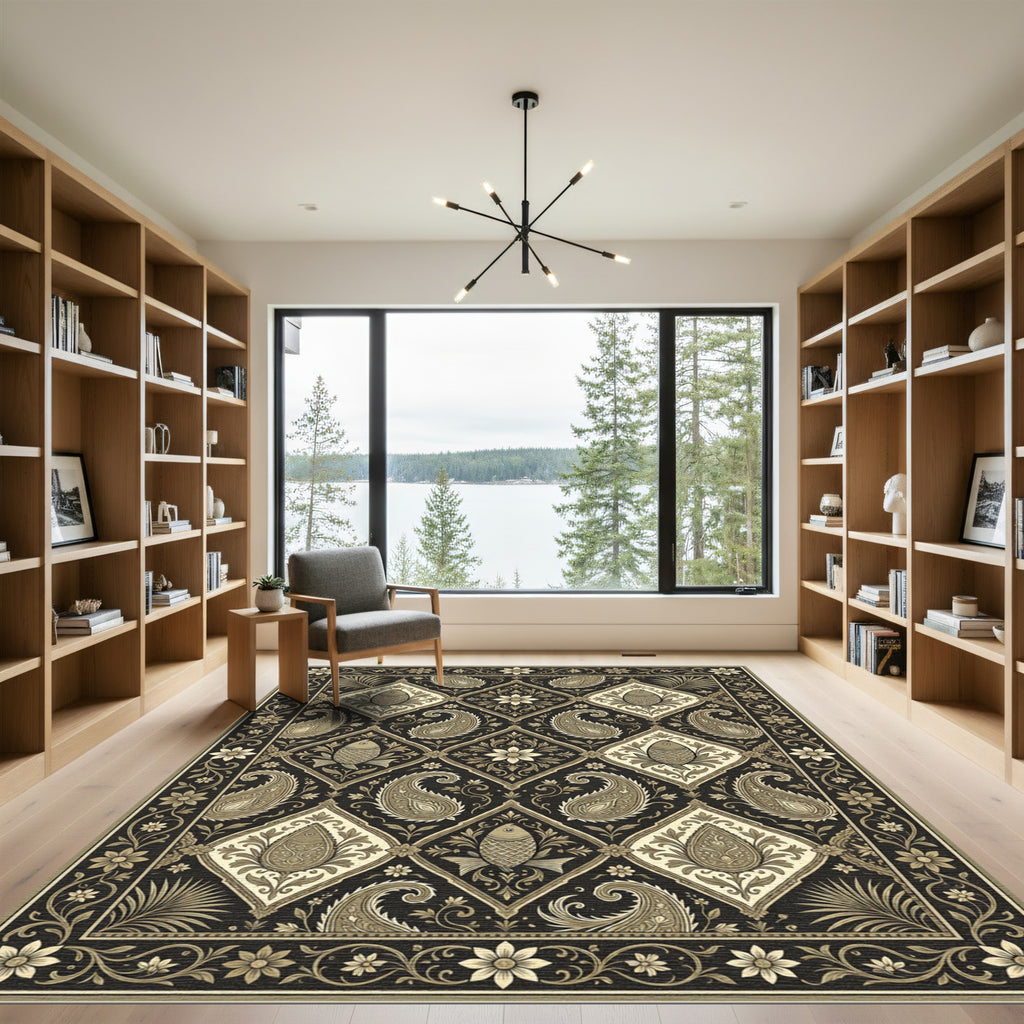 Ornate Black Gold Paisley Fish Square Rug