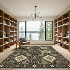 Ornate Black Gold Paisley Fish Square Rug
