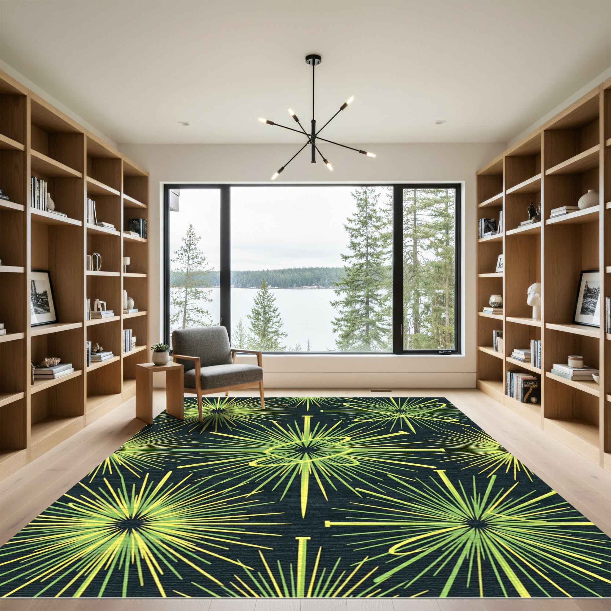 Lime Green Radiating Lines Abstract Rug
