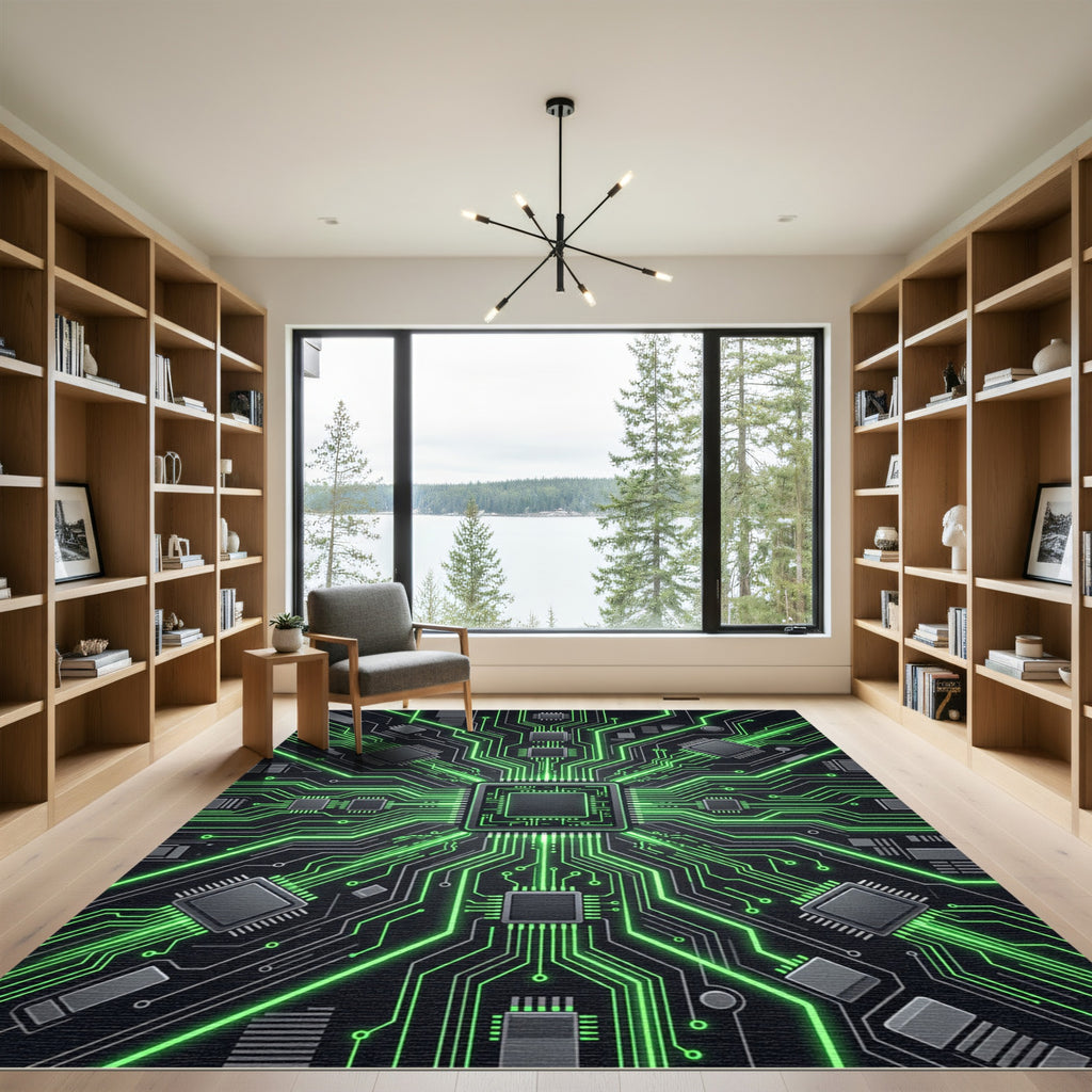 Neon Cybernetic Circuitry Glow Abstract Rug