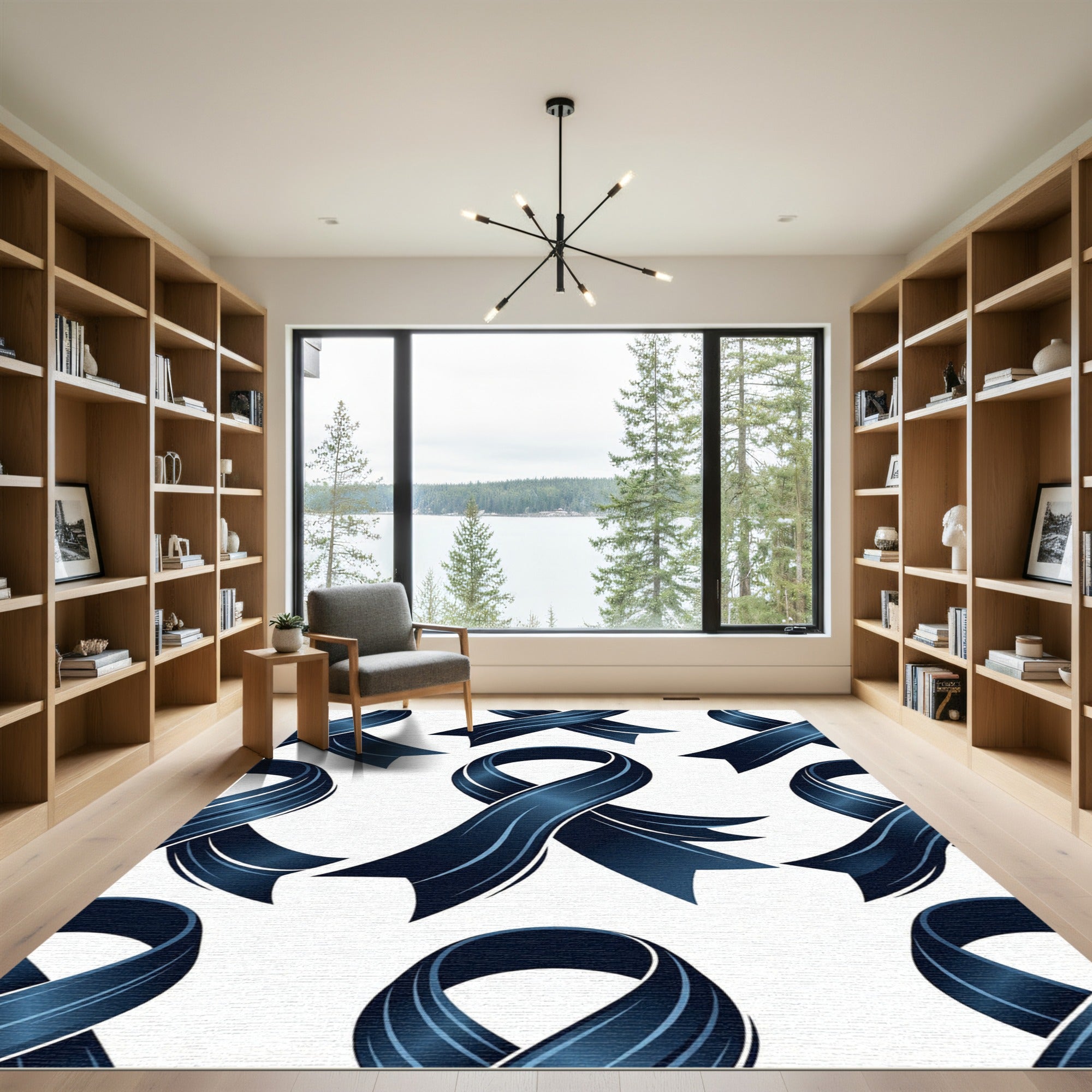 Elegant Navy Blue Ribbon Scroll Art Rug