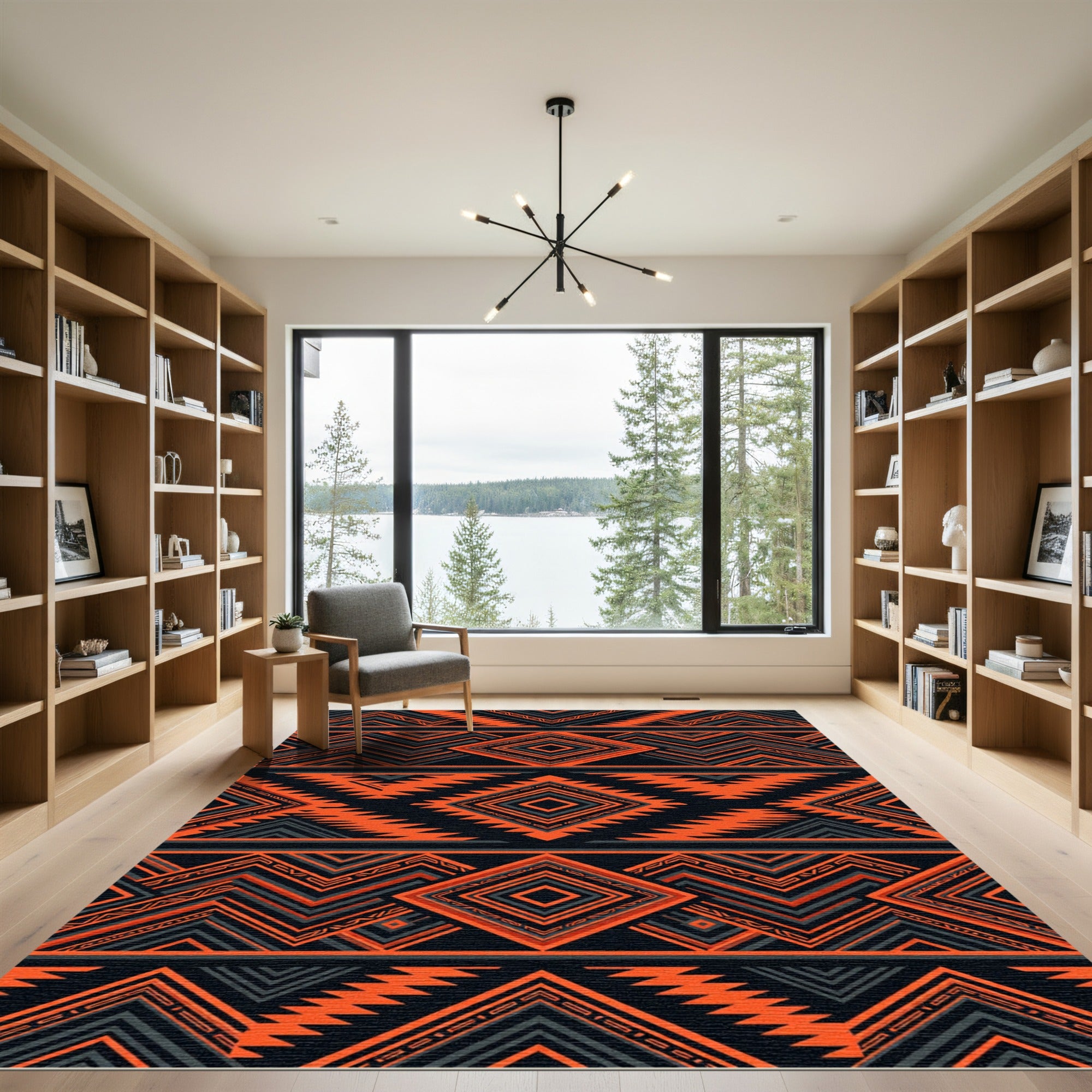 Bold Orange Black Geometric Diamond Rug