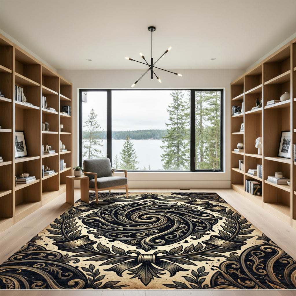 Baroque Golden Swirl Embellished Crest Rug