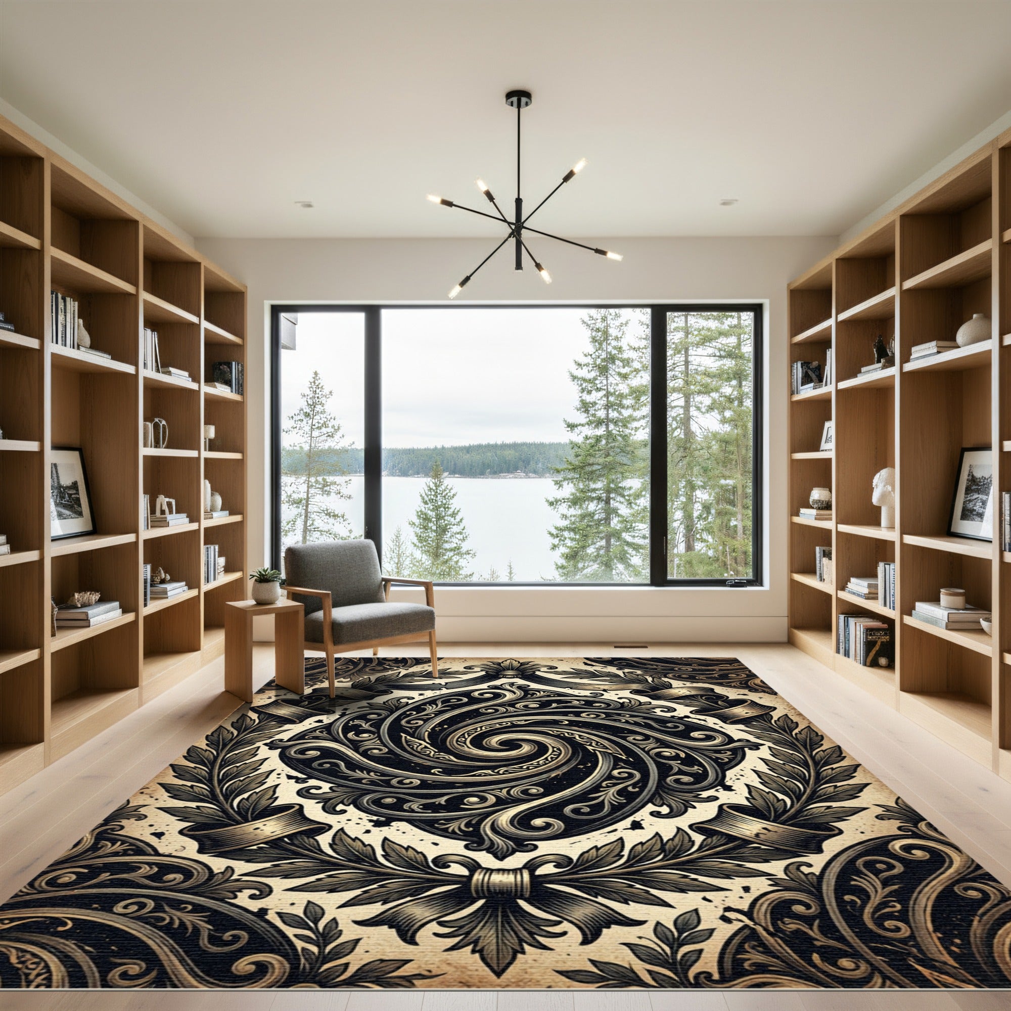 Baroque Golden Swirl Embellished Crest Rug