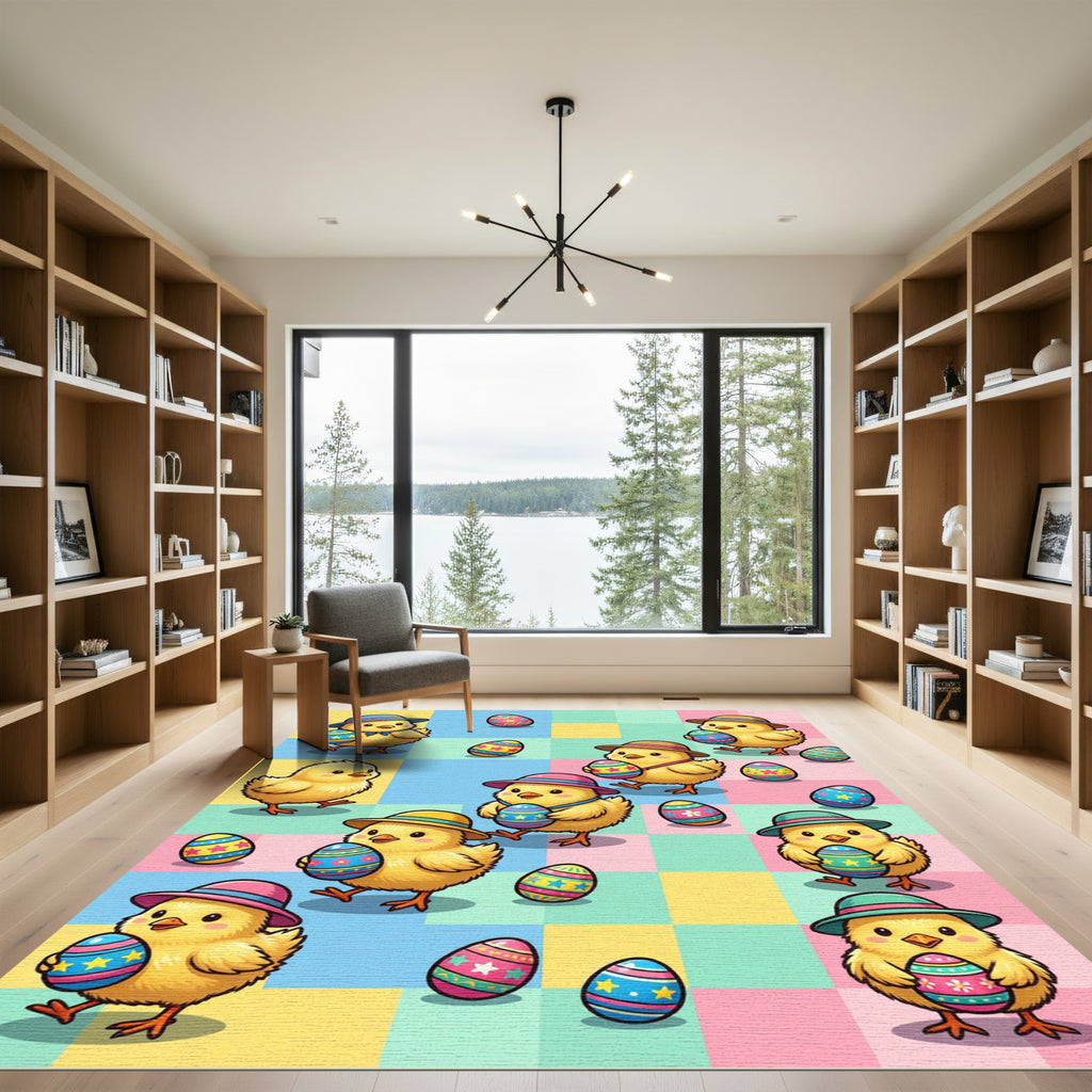 Cheerful Easter Chicks and Pastel Eggs Rug