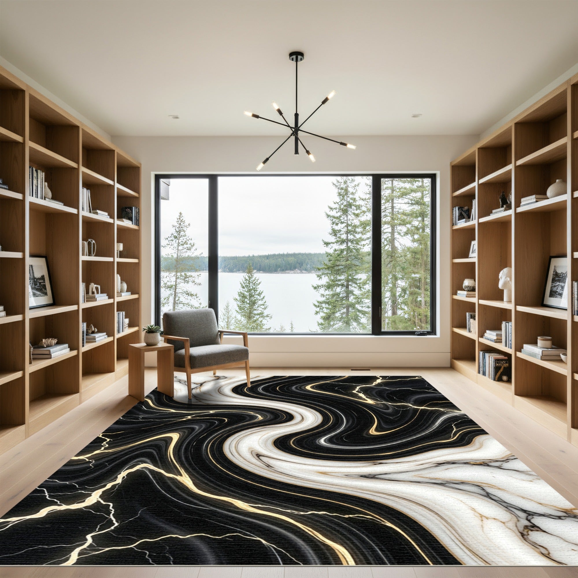 Luxury Black and White Marble Swirl Rug