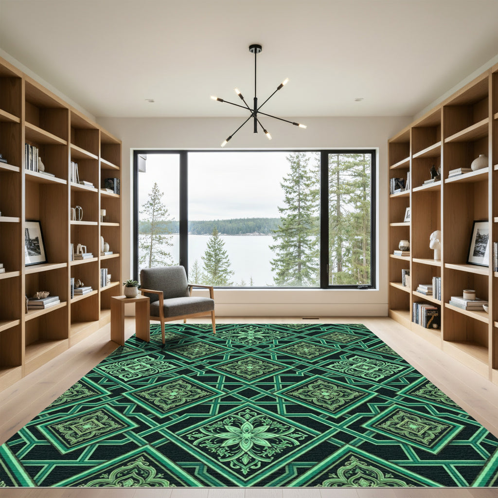 Emerald Geometric Lattice Floral Tile Rug