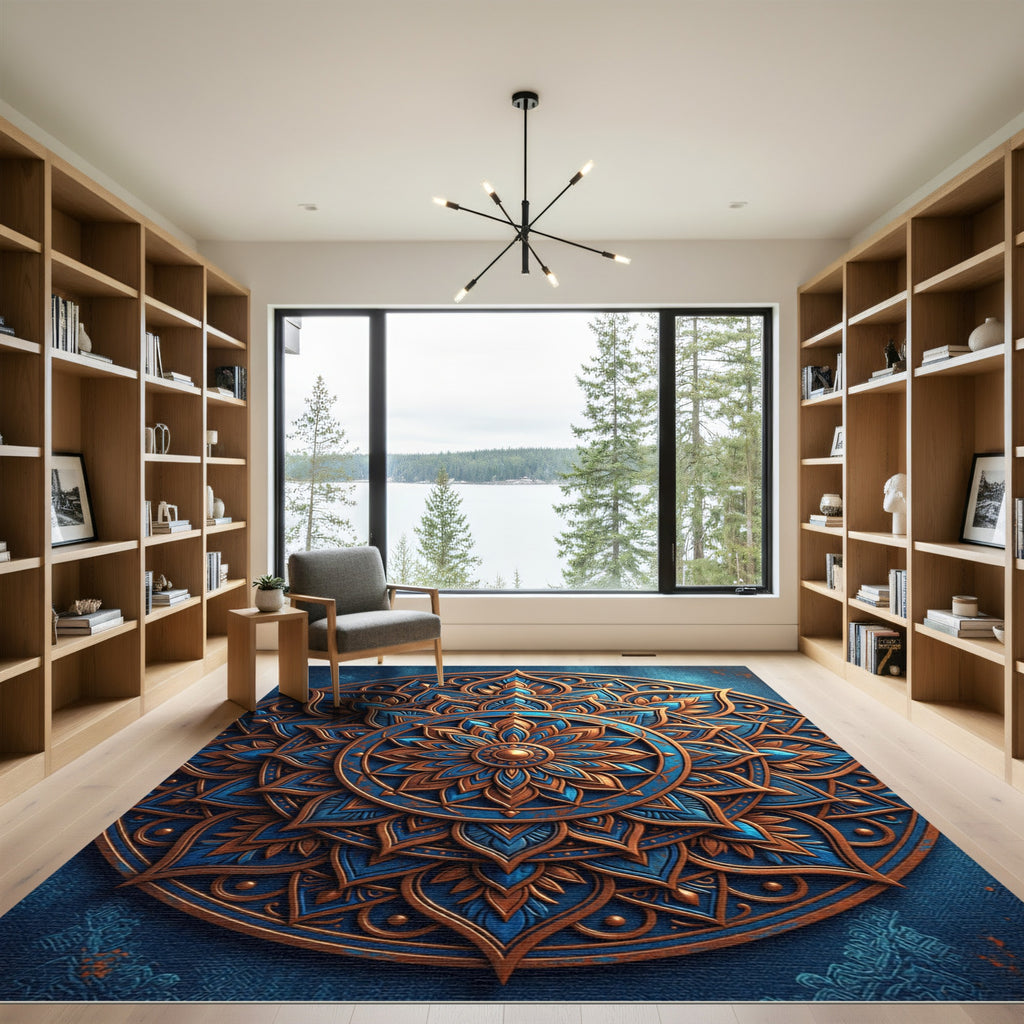 Ornate Blue Gold Floral Mandala Rug