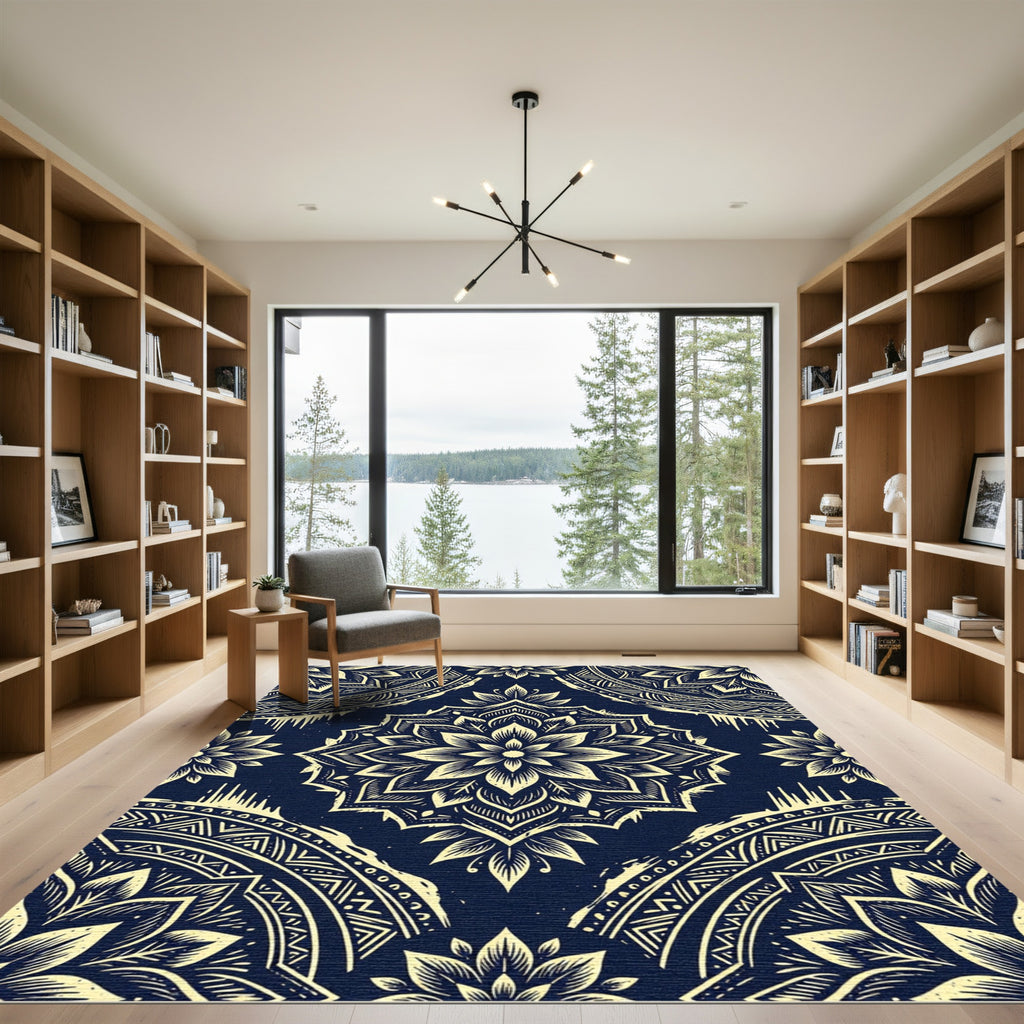 Navy And Gold Mandala Floral Rug