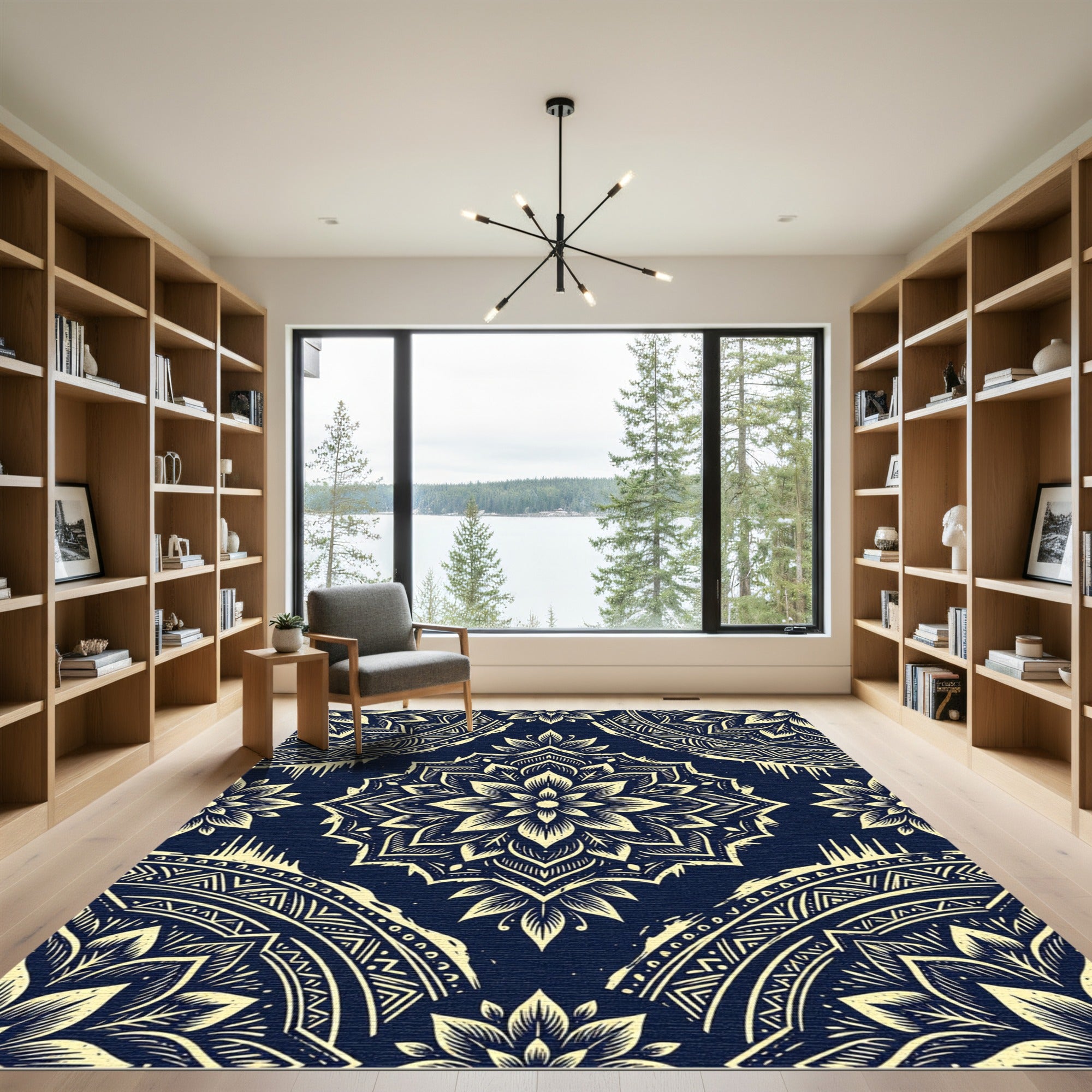 Navy And Gold Mandala Floral Rug