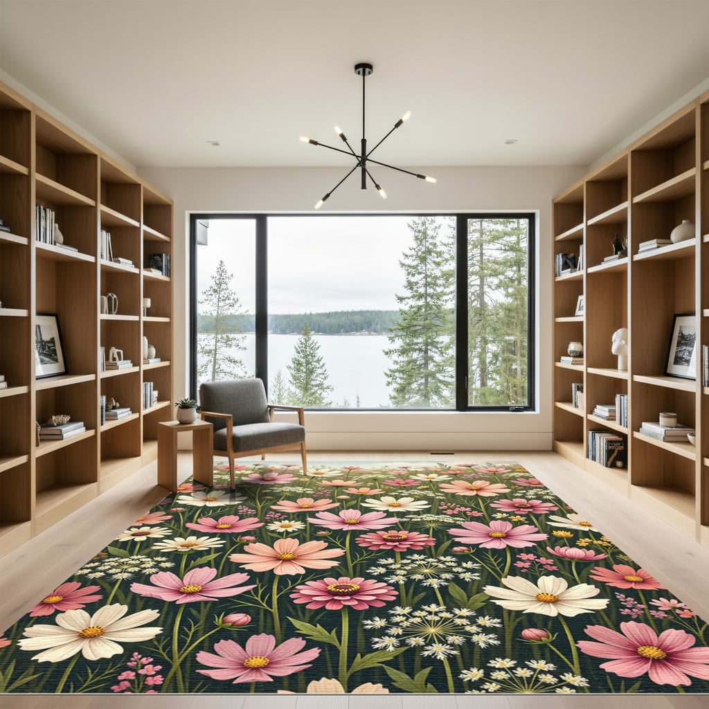 Blushing Cosmos Floral Meadow Area Rug