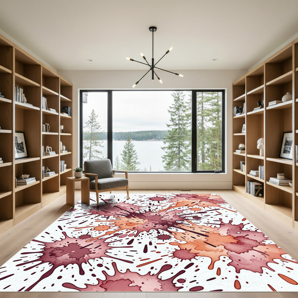 Abstract Crimson and Peach Ink Splash Rug