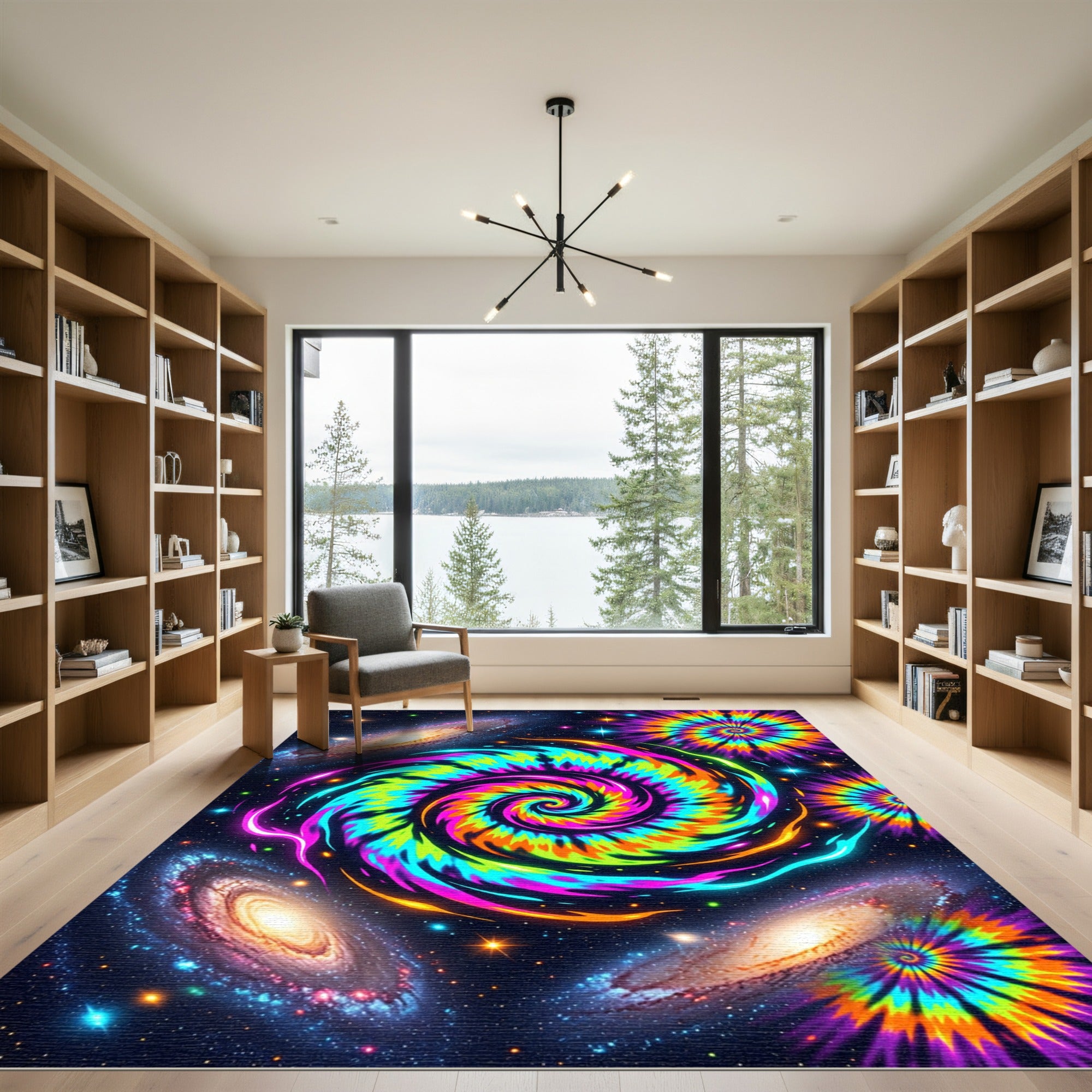 Vibrant Cosmic Tie-Dye Spiral Galaxy Rug