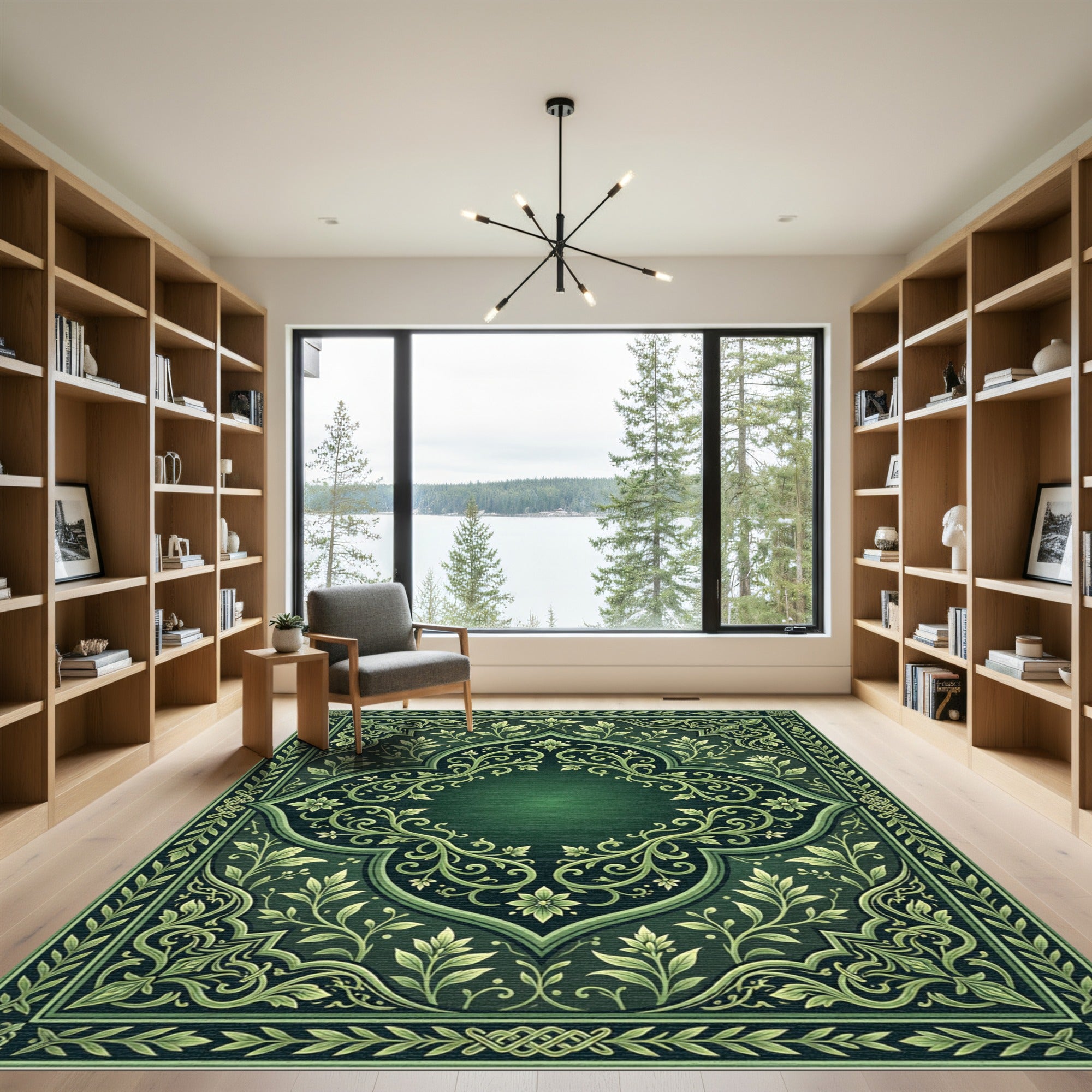 Dark Emerald Floral Scroll Medallion Rug