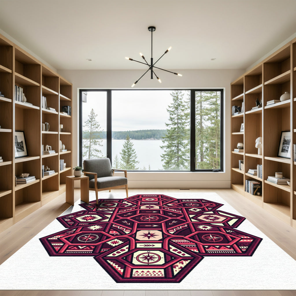 Crimson Geometric Compass Starburst Rug