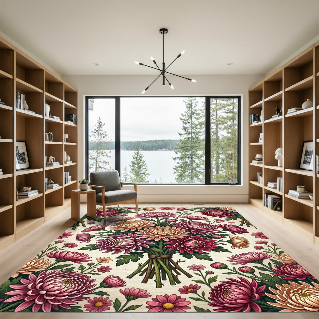 Elegant Blush and Burgundy Chrysanthemum Floral Rug