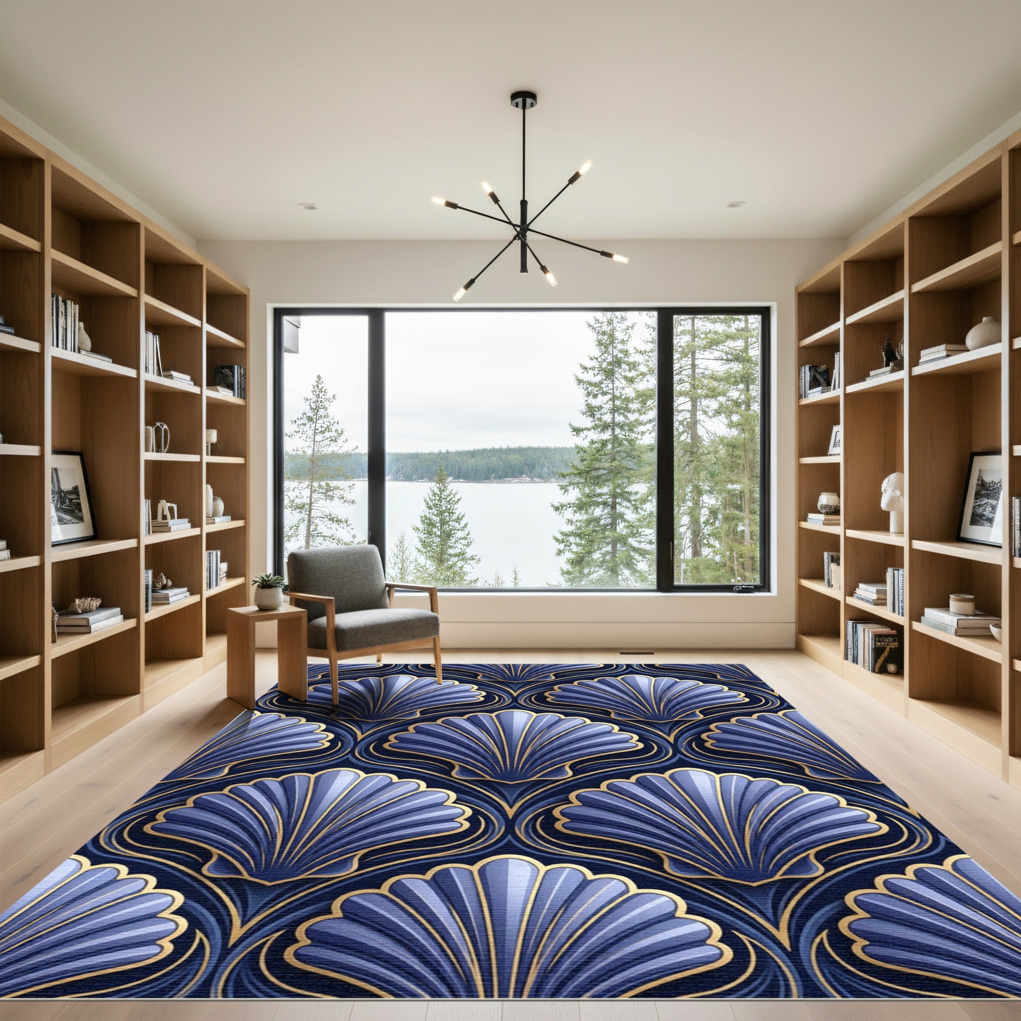 Art Deco Blue Gold Shell Medallion Rug