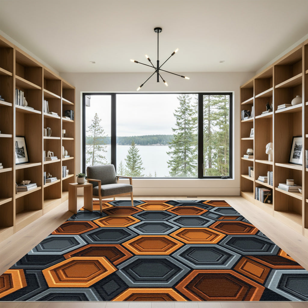 Modern Orange and Charcoal Geometric Hexagon Rug