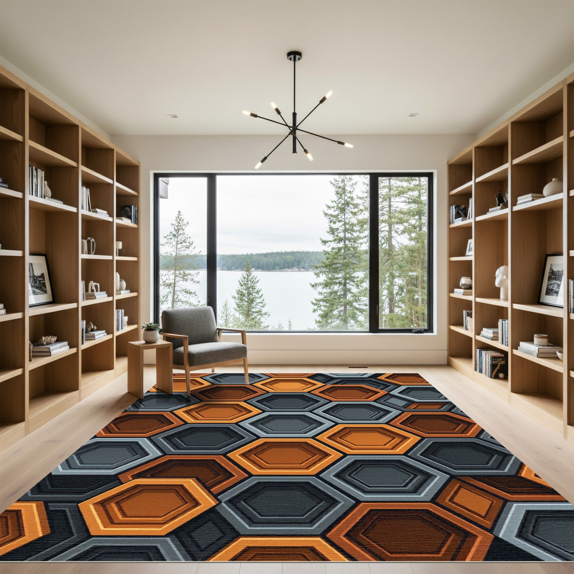 Modern Orange and Charcoal Geometric Hexagon Rug
