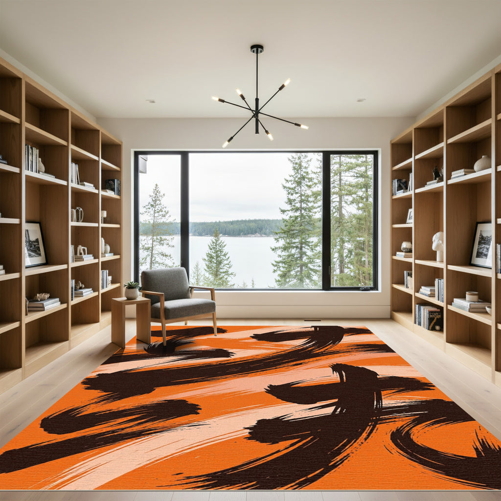 Bold Amber Black Abstract Brushstroke Rug