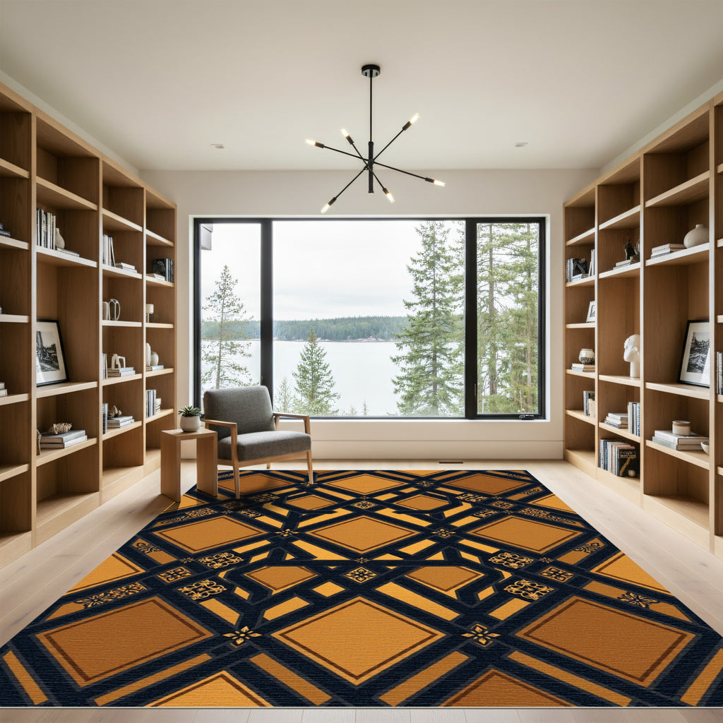 Ornate Golden Geometric Lattice Ebony Trim Rug