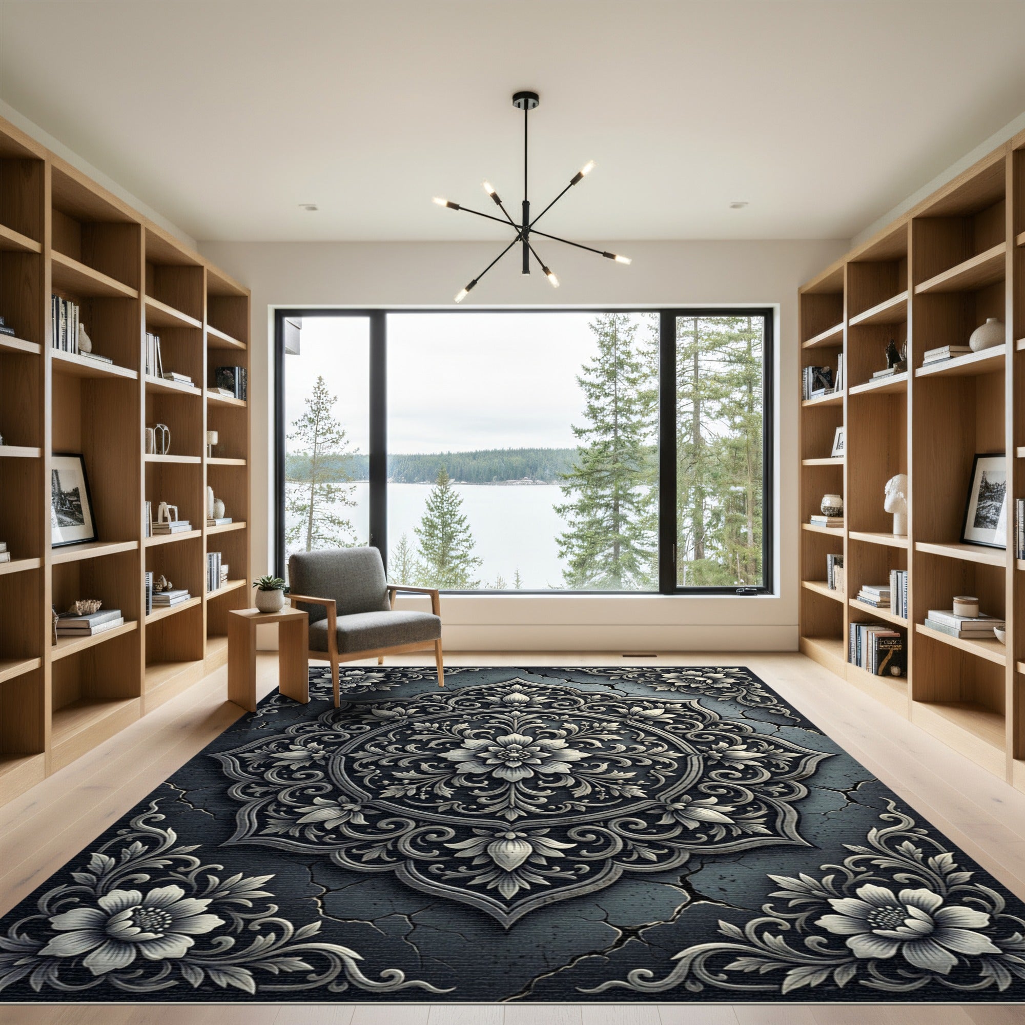 Ornate Gray Floral Mandala Relief Rug