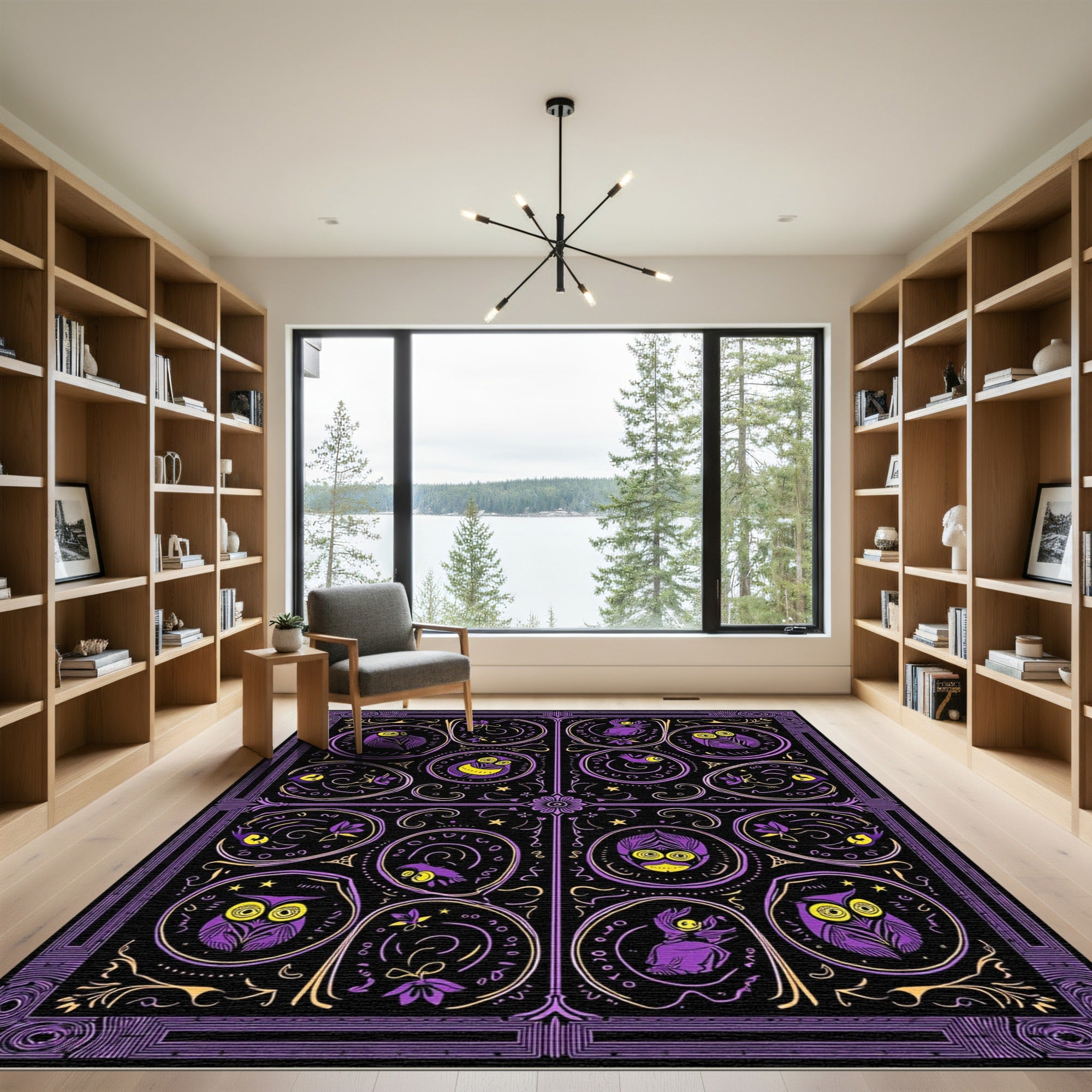 Purple Yellow Owl Whimsical Folk Art Rug