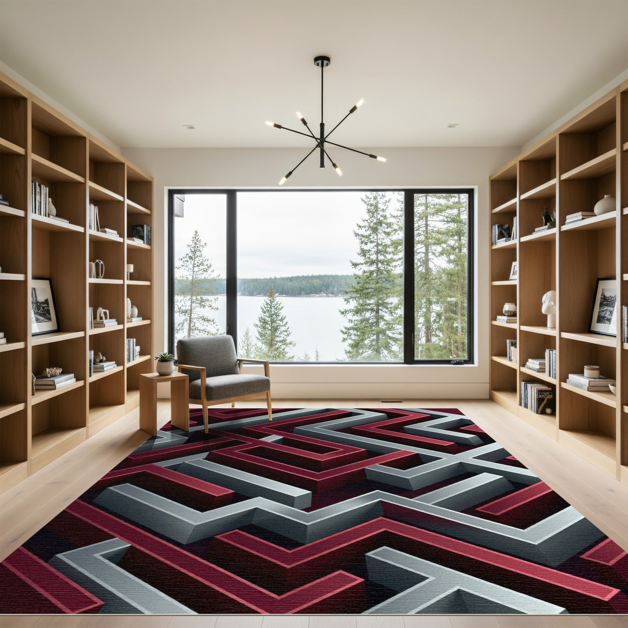 Deep Red Silver Maze Lines Rug